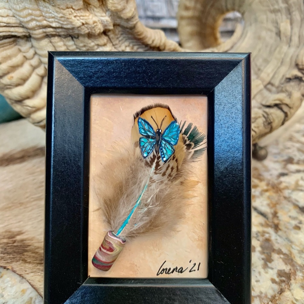 Handpainted butterfly Mini feather art framed OOAK